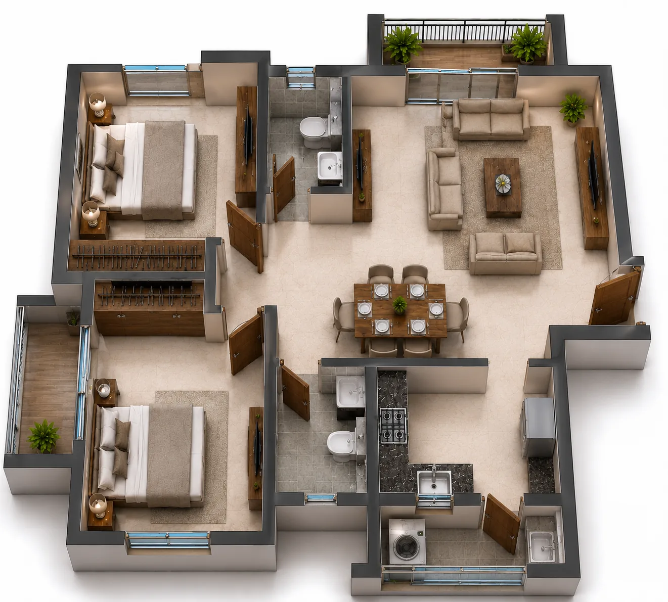 Two bedroom 3D apartment plan